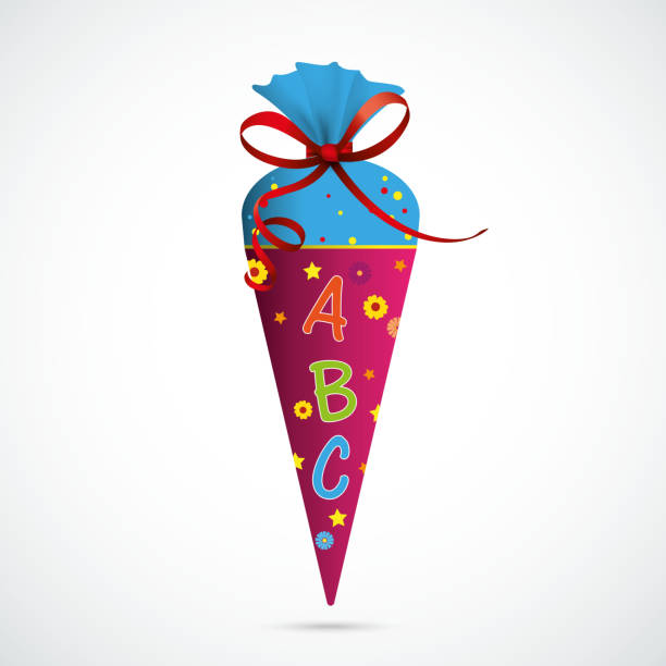 Candy cone with ABC and red bow on the gray background. Eps 10 vector file.